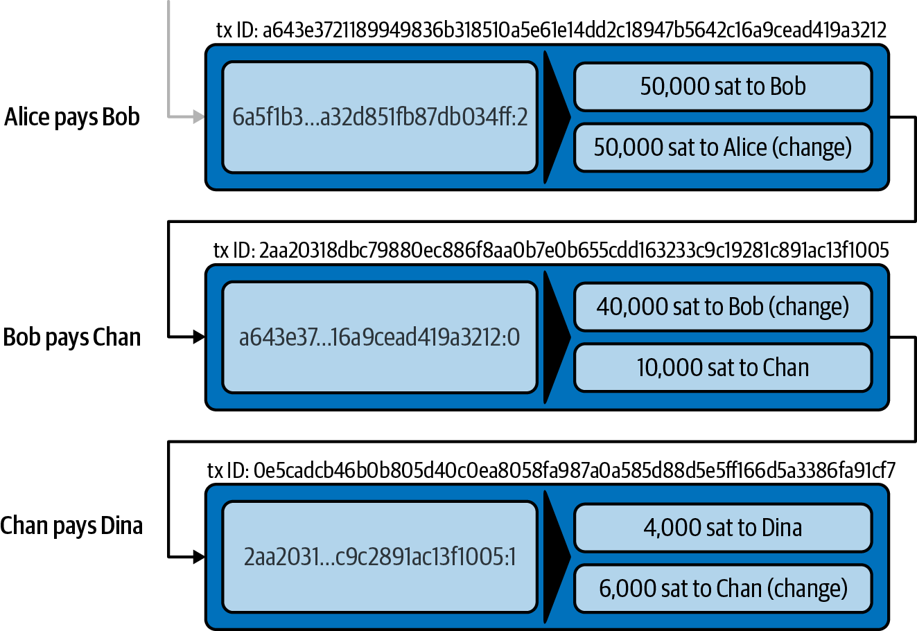 Transaction inputs refer to outpoints forming a chain
